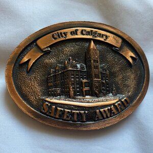 Vintage Brass City of Calgary Safety Award Belt Buckle Engraved 3" L x 2.25" W
